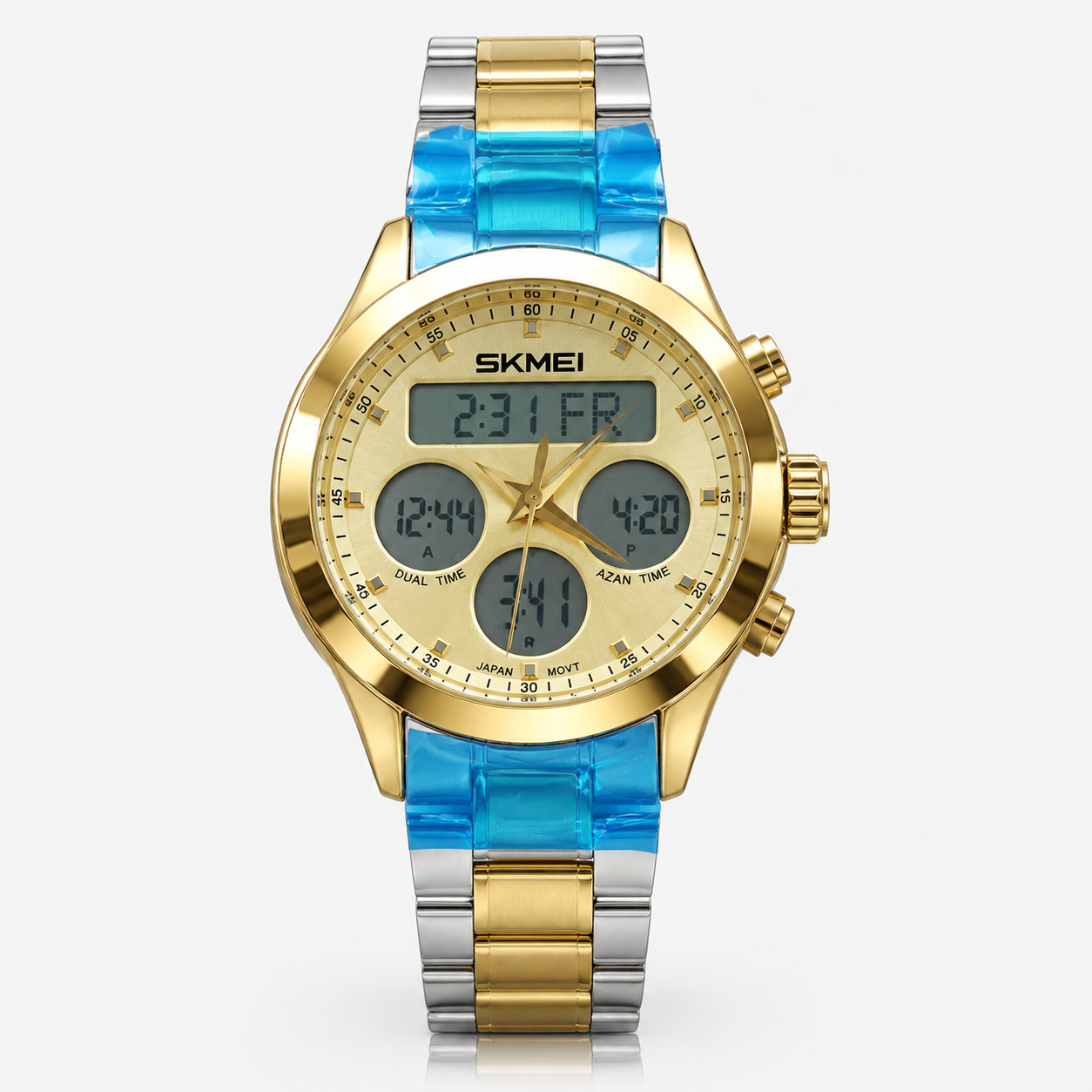 SKMEI digital prayer watch with gold dial, Azan time display, and two-tone silver and gold stainless steel bracelet.