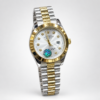 Two-tone luxury style watch with silver dial, crystal markers, floral motif, and silver and gold president bracelet.