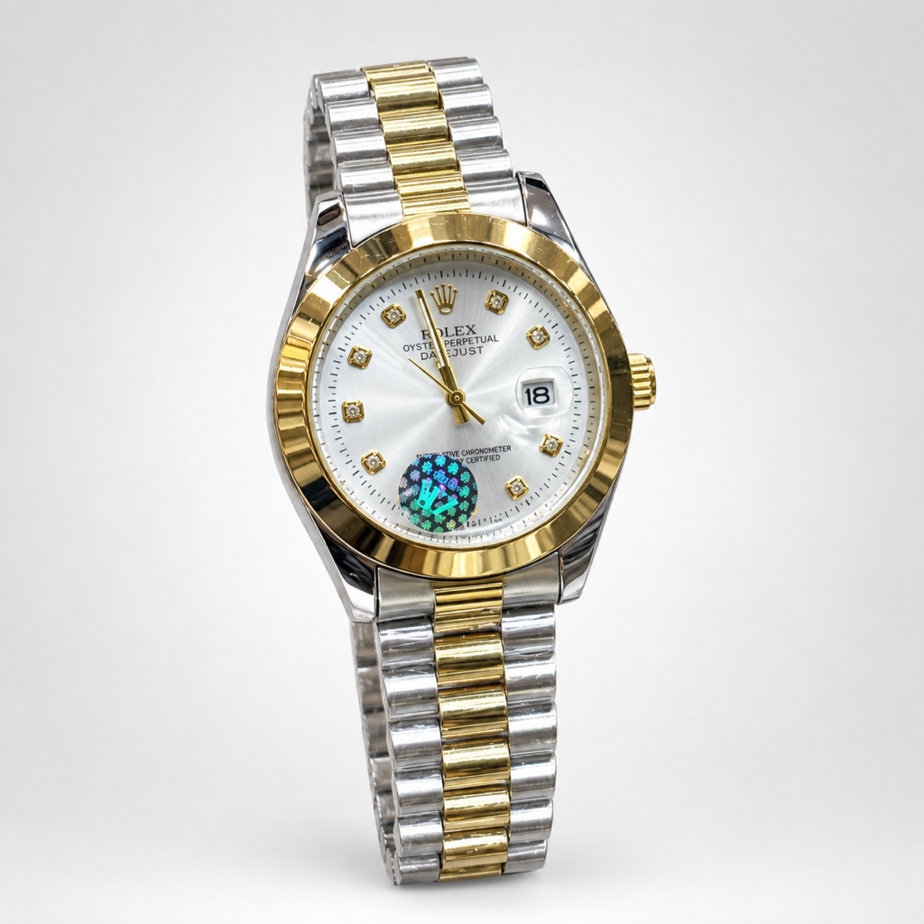 Two-tone luxury style watch with silver dial, crystal markers, floral motif, and silver and gold president bracelet.