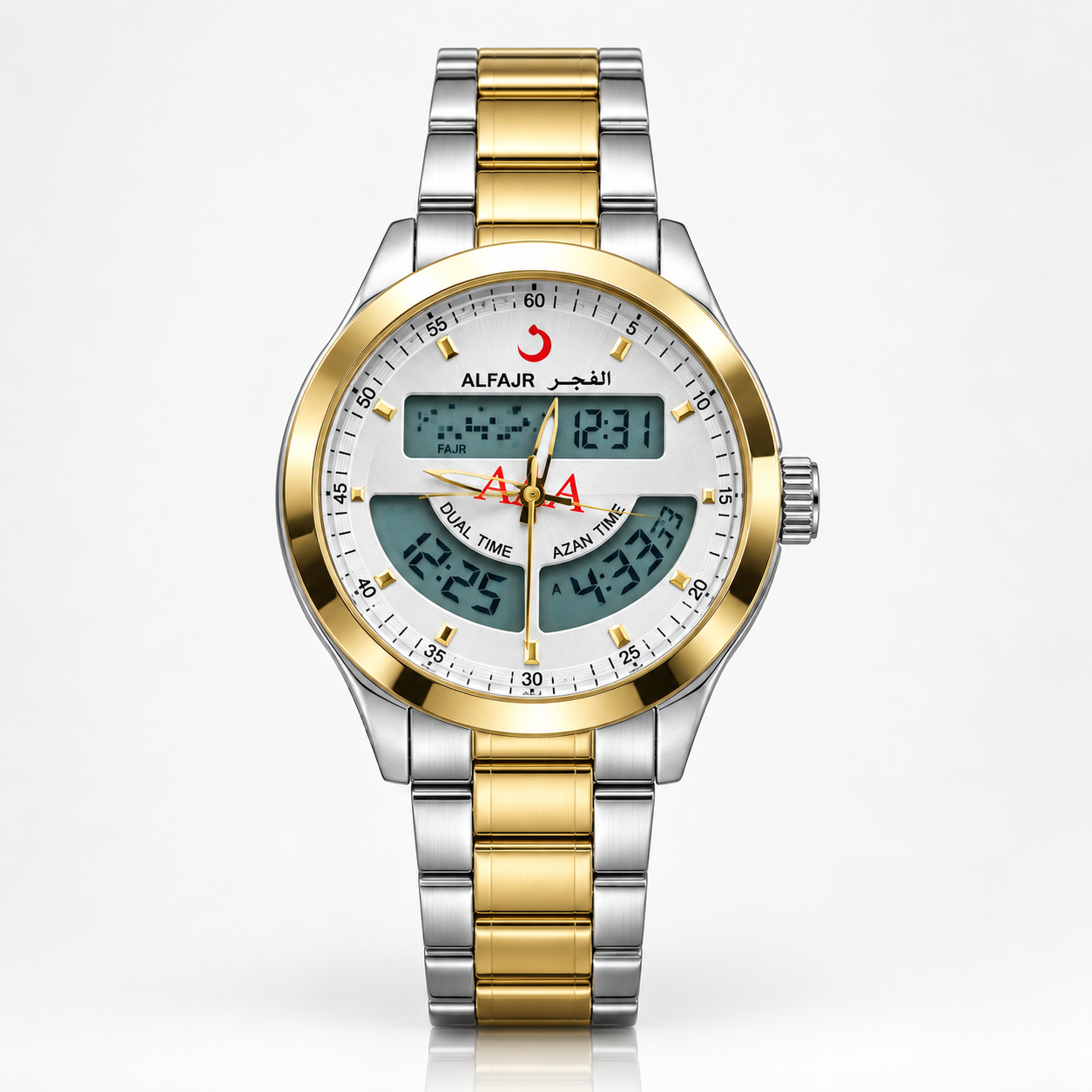 Al Fajr WA-10 digital Islamic prayer watch with two-tone silver and gold stainless steel bracelet.