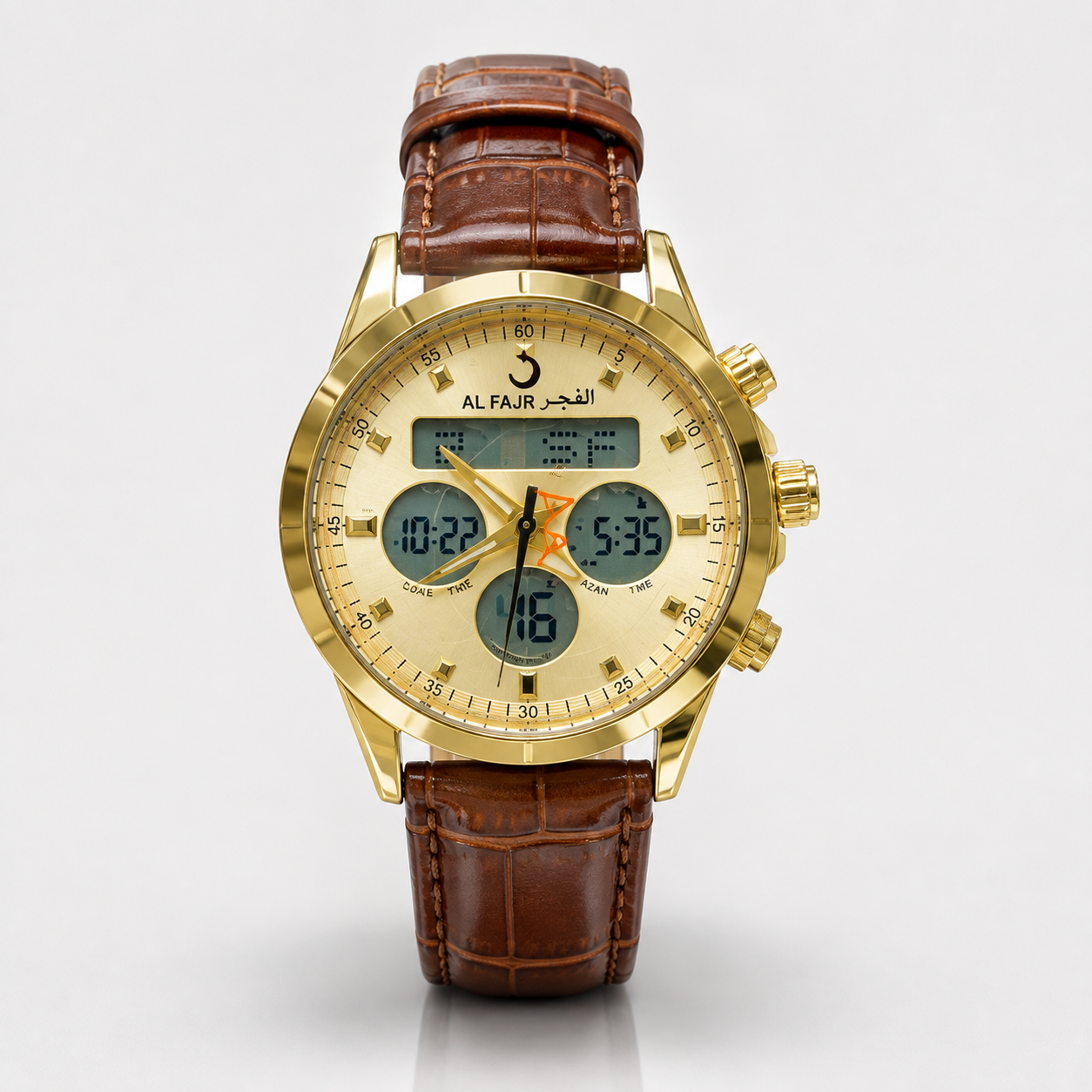 Al Fajr WB-20 gold tone watch with prayer time display and brown leather strap.