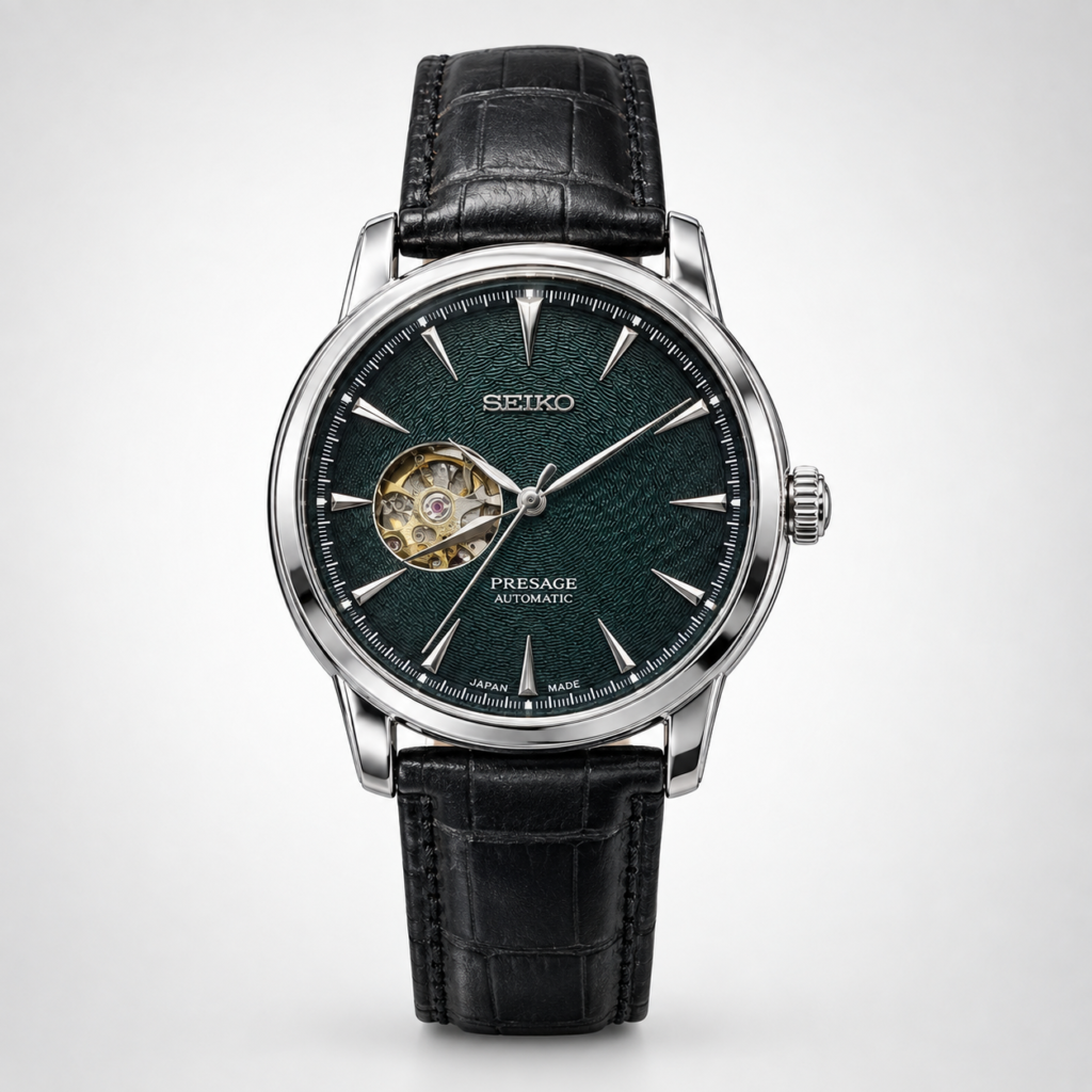 Seiko Presage SARY155 automatic watch with green dial, open heart display, and black leather strap.