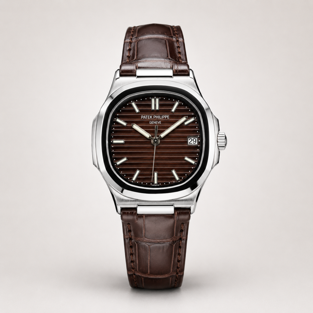Patex classic watch with brown dial, silver indices, and brown leather strap.