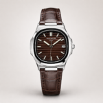 Patex classic watch with brown dial, silver indices, and brown leather strap.