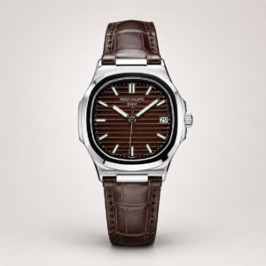 Patex classic watch with brown dial, silver indices, and brown leather strap.