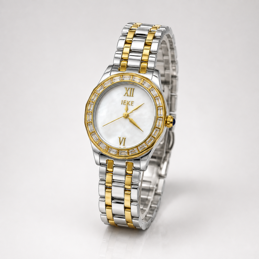 IEKE ladies luxury watch with mother of pearl dial, gold crystal bezel, and two-tone steel bracelet.