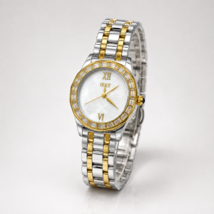 IEKE ladies luxury watch with mother of pearl dial, gold crystal bezel, and two-tone steel bracelet.