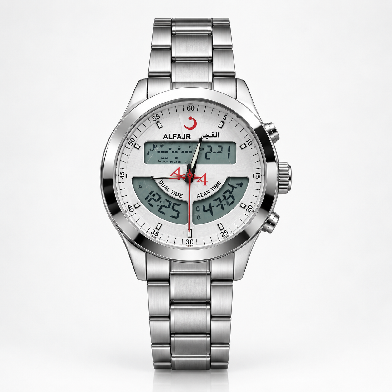 Al Fajr WA-10 digital Islamic prayer watch with stainless steel bracelet.