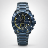 EXTRI blue sport chronograph watch with black dial, yellow accents, and blue steel bracelet.