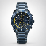 EXTRI blue sport chronograph watch with black dial, yellow accents, and blue steel bracelet.