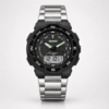 SKMEI 1370 Men's Analog-Digital watch with black dial, compass bezel, and silver stainless steel bracelet.