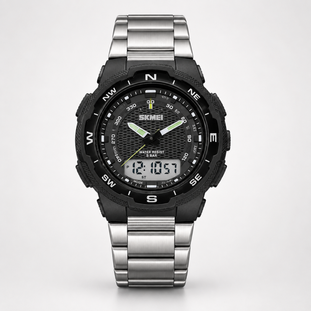 SKMEI 1370 Men's Analog-Digital watch with black dial, compass bezel, and silver stainless steel bracelet.