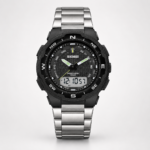 SKMEI 1370 Men's Analog-Digital watch with black dial, compass bezel, and silver stainless steel bracelet.