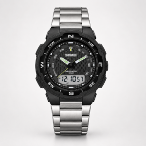SKMEI 1370 Men's Analog-Digital watch with black dial, compass bezel, and silver stainless steel bracelet.