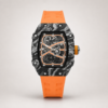 Barrel Skeleton Watch – Forged Carbon Look & Orange Rubber Strap