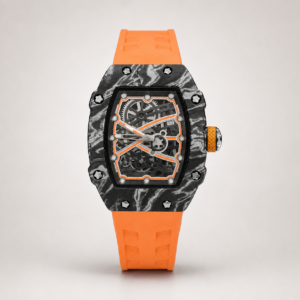 Barrel Skeleton Watch – Forged Carbon Look & Orange Rubber Strap