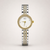 Two-tone ladies watch with pearl white dial, gold crystal bezel, and two-tone link bracelet.