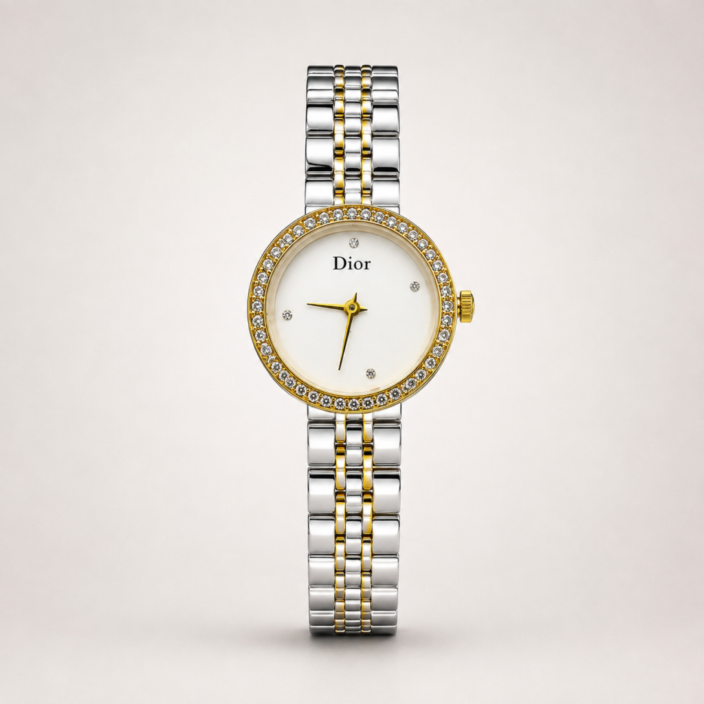 Two-tone ladies watch with pearl white dial, gold crystal bezel, and two-tone link bracelet.