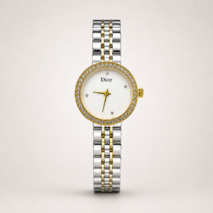 Two-tone ladies watch with pearl white dial, gold crystal bezel, and two-tone link bracelet.