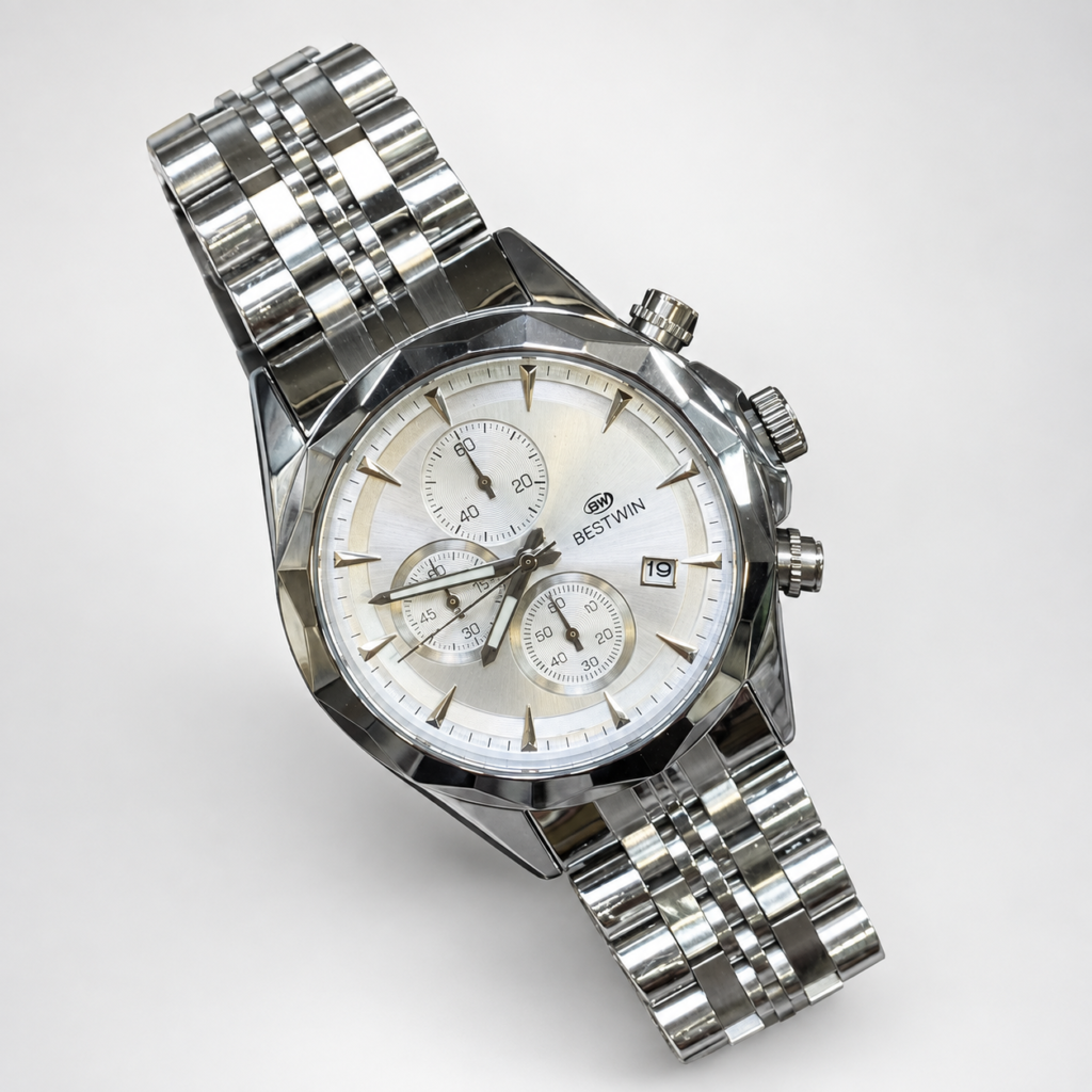 Bestwin BW1734 silver dial watch with luminous hands, stainless steel bracelet, and chronograph-style sub-dials.