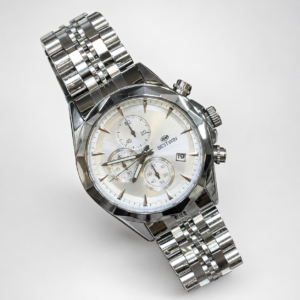 Bestwin BW1734 silver dial watch with luminous hands, stainless steel bracelet, and chronograph-style sub-dials.