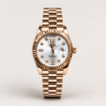 Rose gold luxury style watch with silver sunburst dial, crystal markers, rose gold fluted bezel, day window, and jubilee bracelet.