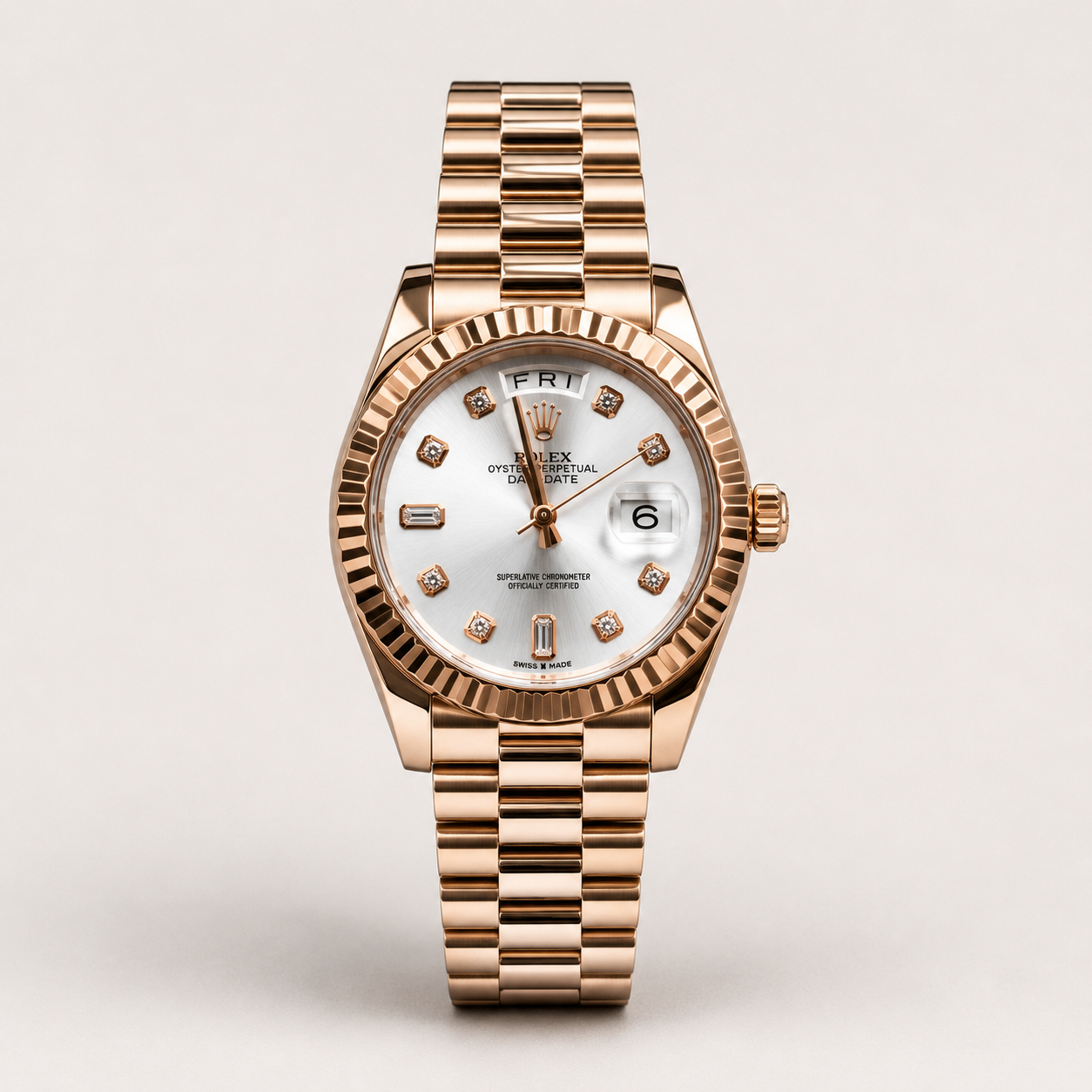 Rose gold luxury style watch with silver sunburst dial, crystal markers, rose gold fluted bezel, day window, and jubilee bracelet.