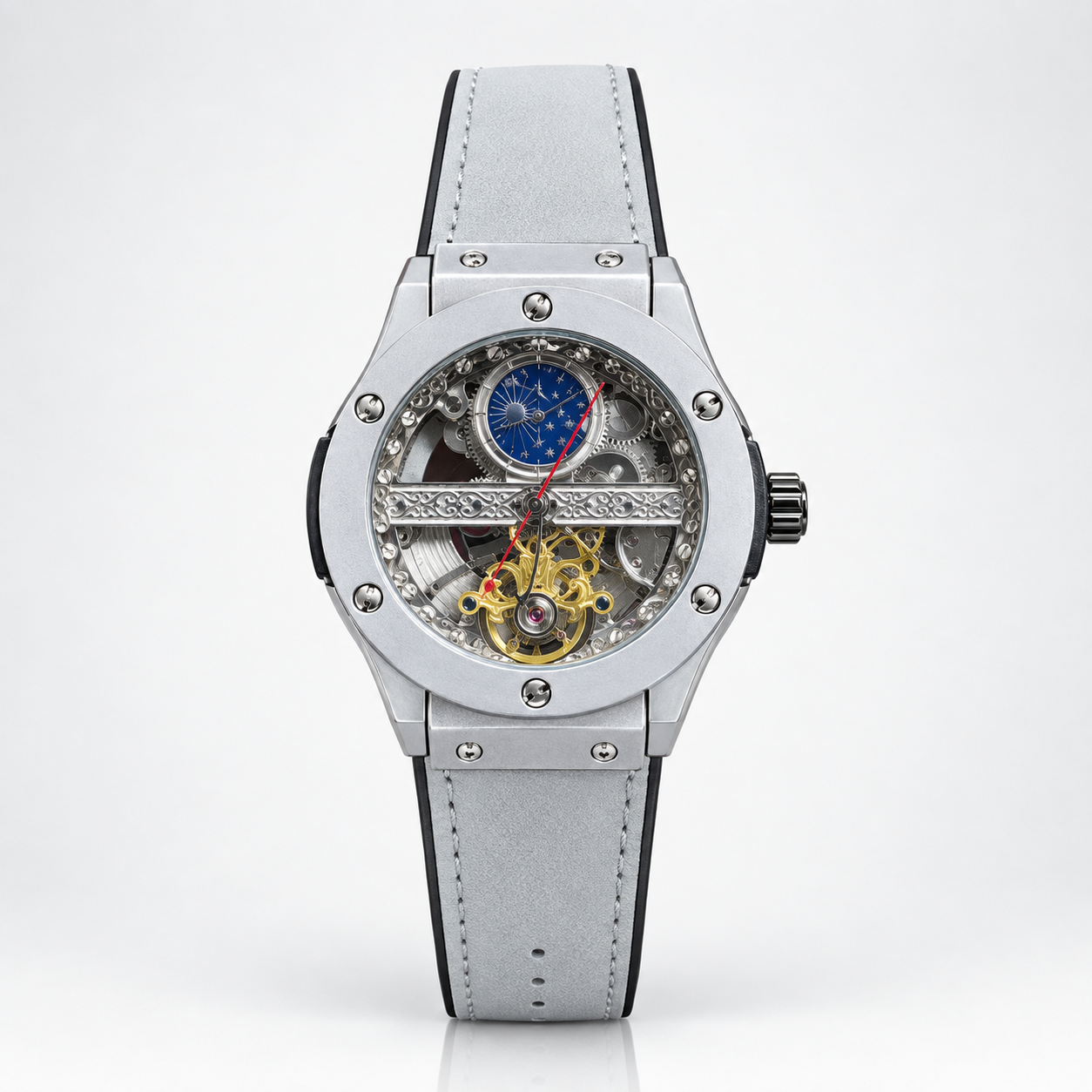 Automatic skeleton watch with tourbillon style cage, silver screw-down case, and white leather strap.