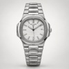 Silver integrated sports watch with white textured dial, silver indices, and stainless steel bracelet.