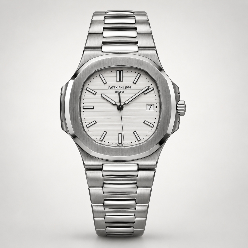 Silver integrated sports watch with white textured dial, silver indices, and stainless steel bracelet.