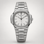 Silver integrated sports watch with white textured dial, silver indices, and stainless steel bracelet.
