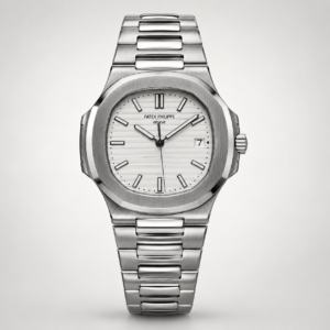 Silver integrated sports watch with white textured dial, silver indices, and stainless steel bracelet.