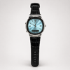 Universe Point analogue-digital watch with ice blue sunburst dial and black leather strap.