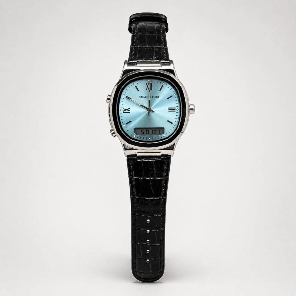 Universe Point analogue-digital watch with ice blue sunburst dial and black leather strap.