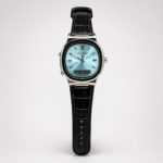 Universe Point analogue-digital watch with ice blue sunburst dial and black leather strap.