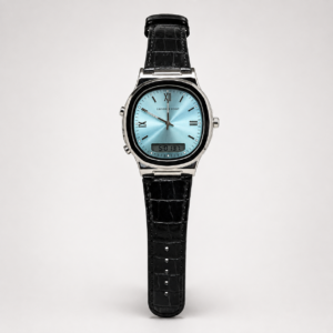 Universe Point analogue-digital watch with ice blue sunburst dial and black leather strap.