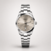 Classic silver style watch with champagne sunburst dial, silver indices, date window, and stainless steel bracelet.
