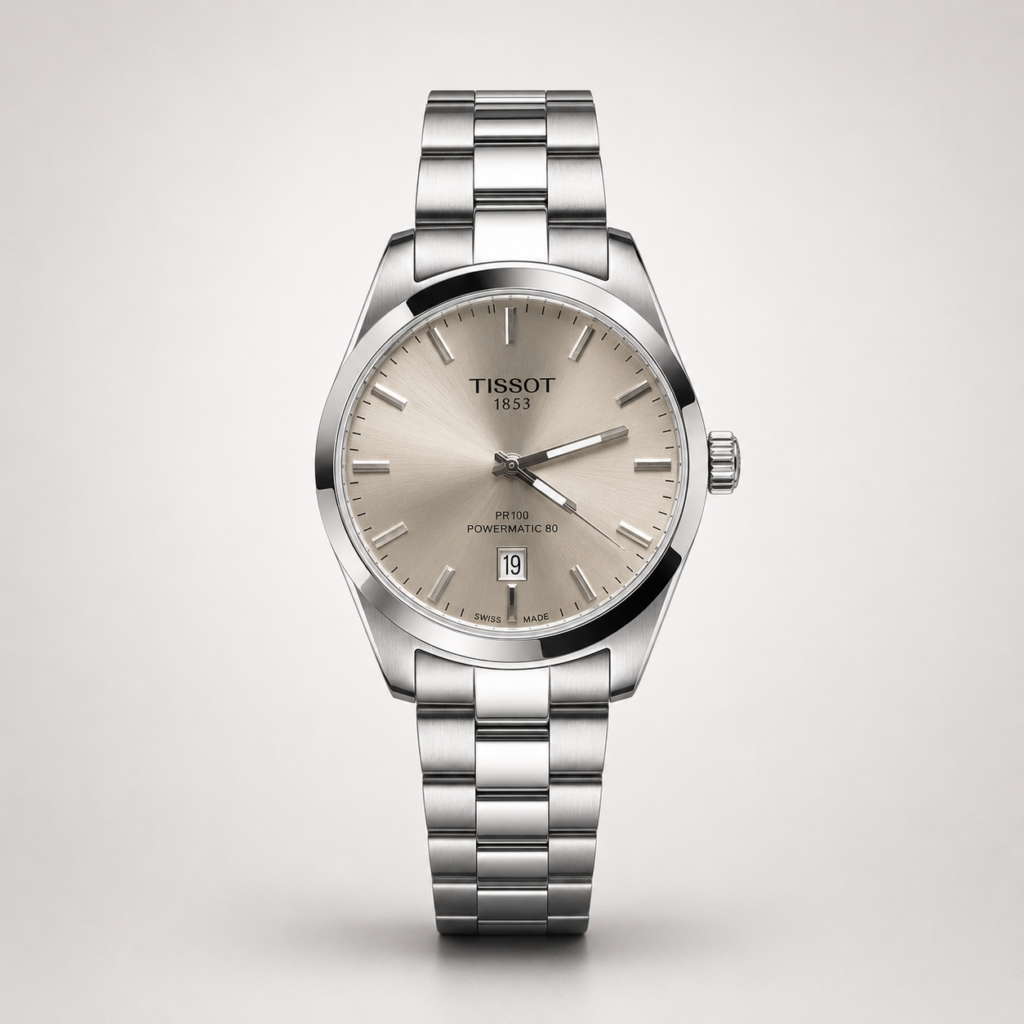 Classic silver style watch with champagne sunburst dial, silver indices, date window, and stainless steel bracelet.