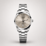 Classic silver style watch with champagne sunburst dial, silver indices, date window, and stainless steel bracelet.
