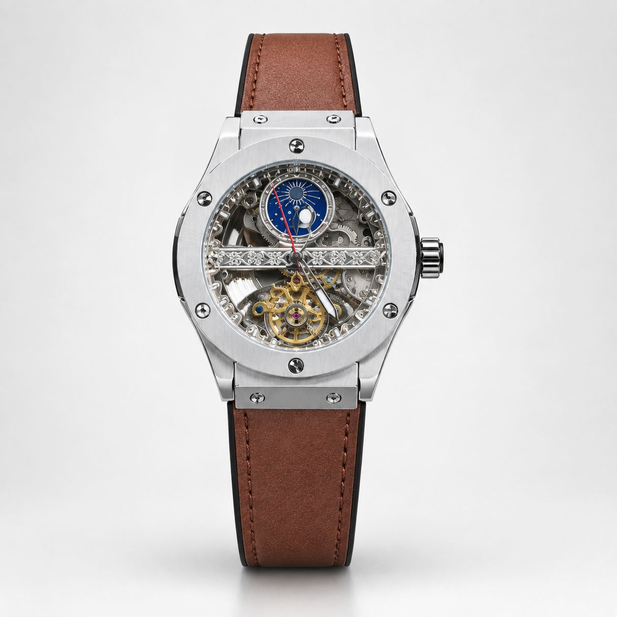 Automatic skeleton watch with moon phase dial, silver screw-down case, and brown leather strap.