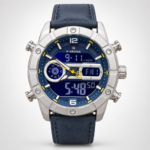 NAVIFORCE NF9263 dual display watch with blue dial, digital screen, and blue leather strap.