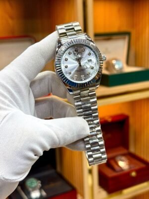 Two-Tone Luxury Watch – Silver Sunburst Dial, Crystal Markers & Fluted Bezel Hover Image