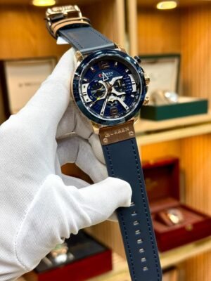 CURREN 8329 Chronograph Watch – Blue & Rose Gold Leather Strap Hover Image
