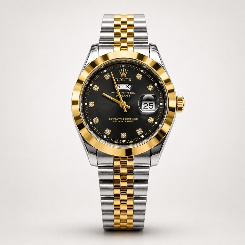 Two-tone silver and gold luxury style watch with black dial, crystal markers, gold fluted bezel, day window, and jubilee bracelet.