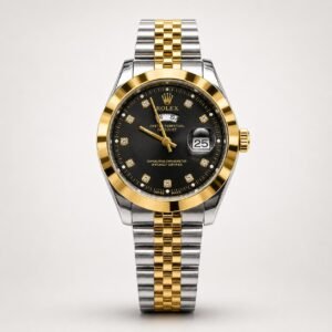 Two-tone silver and gold luxury style watch with black dial, crystal markers, gold fluted bezel, day window, and jubilee bracelet.