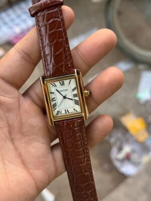 Silver Rectangular Dress Watch – White Roman Dial & Brown Leather Strap Hover Image