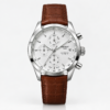 Quartz chronograph watch with silver dial, three sub-dials, tachymeter bezel, and brown leather strap.
