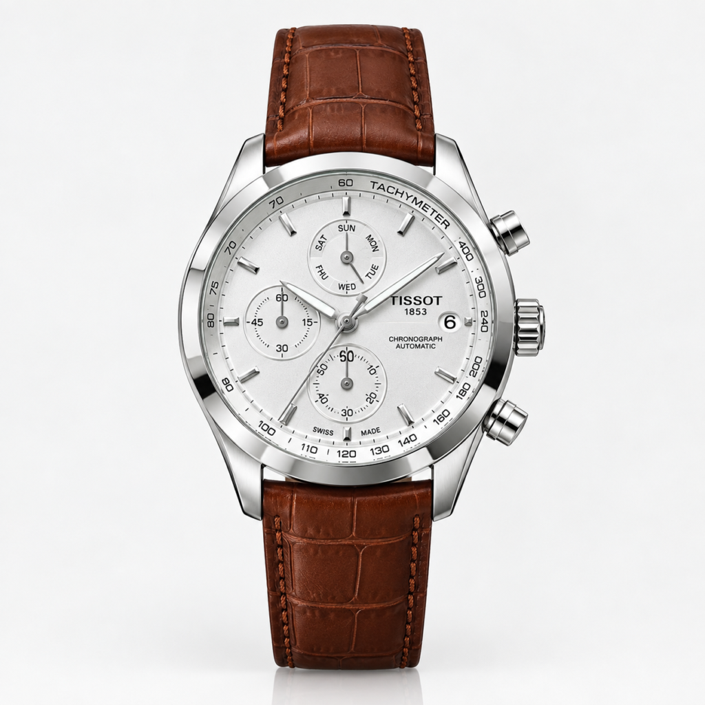 Quartz chronograph watch with silver dial, three sub-dials, tachymeter bezel, and brown leather strap.