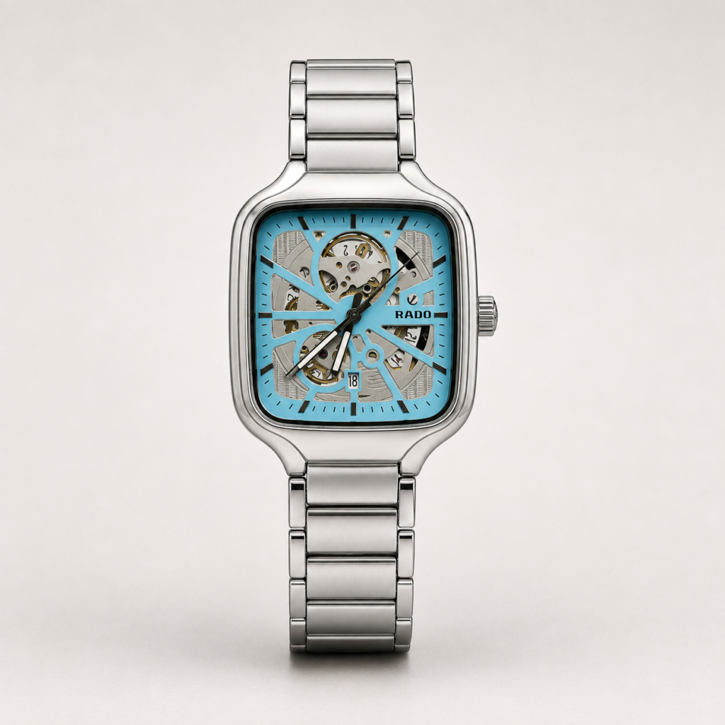 Rado style automatic watch with turquoise skeleton dial and stainless steel square case