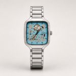 Rado style automatic watch with turquoise skeleton dial and stainless steel square case